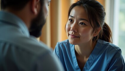 Smiling female healthcare professional in blue uniform attentively listening to a patient during a medical consultation