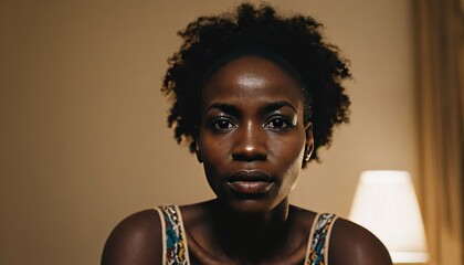 Candid portrait of a sad young African woman with a thoughtful expression, capturing raw emotion