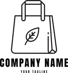A simple line-art black icon of a shopping bag with a leaf logo symbolizes eco-friendly, sustainable, or reusable packaging