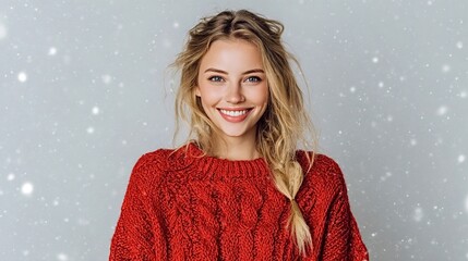 Young blonde woman smiling, wearing a cozy cable knit red sweater against a snowy grey background, conveying feelings of joy, warmth, and winter happiness during the christmas season