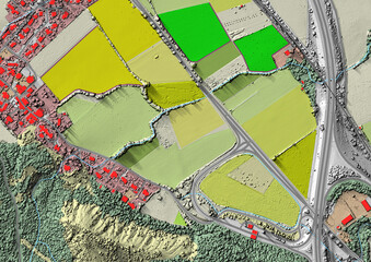 Concept de fond géographique - Données lidar HD - Vue aérienne de la topographie et occupation du sol d'un territoire - Rendu 2d modèle numérique de terrain et nuage de points Lidar HD