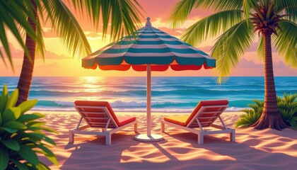 Relaxing Beach Sunset Experience Tropical Paradise Photography Coastal Serenity Panoramic View Vacation Concept