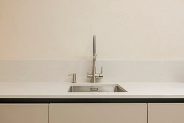 Minimalistic beige kitchen table top and cabinets, stainless steel sink with water tap, against a beige wall