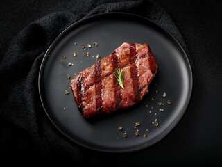 Grilled filet on matte black plate; grill marks, rosemary, peppercorns; moody dark backdrop for refined fine-dining visuals.