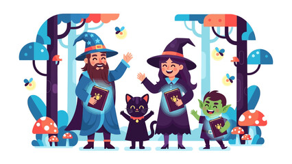 Whimsical Gathering: A whimsical scene unfolds featuring a friendly wizard, a charming witch, and a mischievous goblin. A playful black cat rounds out this enchanted ensemble.