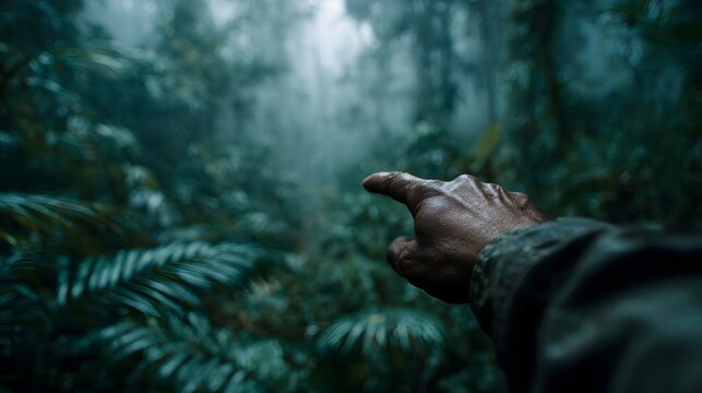A human hand gestures forward into a lush dense and misty jungle guiding towards an unknown path within the wilderness