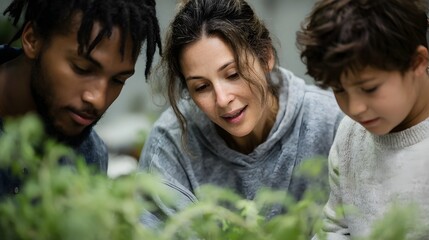 A diverse family group including a man woman and child intently observing and learning about plants in a bright natural setting
