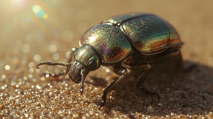 Fototapeta premium A macro shot of a shiny, metallic jewel beetle with a colorful, iridescent shell walking on sunlit, sparkling grains of sand