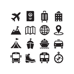 Set of travel and tourism icons simple glyph vector design elements for vacation planning isolated on white background