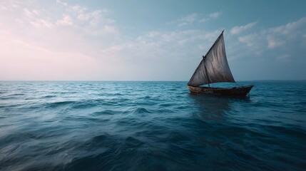 Naklejka premium A solitary wooden sailboat glides across the vast tranquil blue ocean under a pale cloudy sky evoking a sense of peaceful explo n