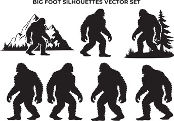 Bigfoot Silhouette Walking in Forest Cryptid Vector Illustration.