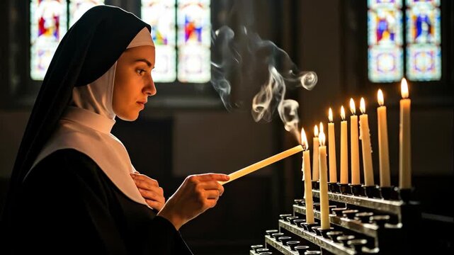 Woman in nun habit lighting prayer candle from candelabrum in dark church with stained glass windows, religious footage.