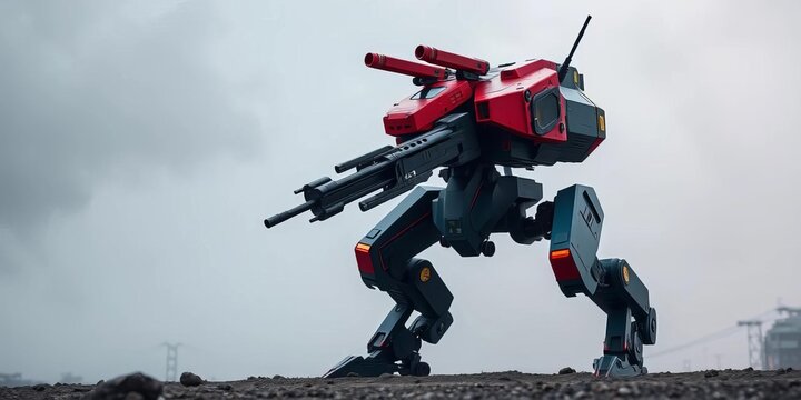 Sleek, heavily armed bipedal war robot poised for action,  security,  future