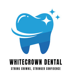 A bright, modern dental logo shows a sparkling blue tooth with a sweeping white curve, symbolizing clean, fresh, and healthy teeth.