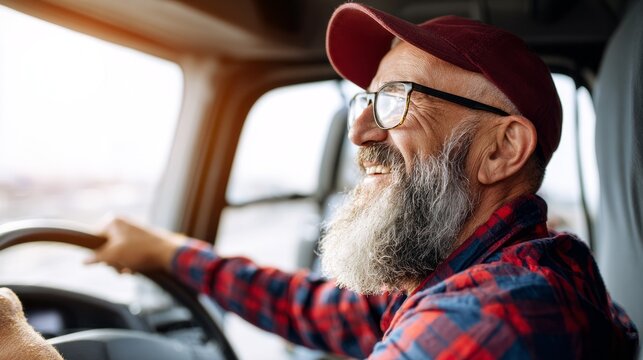 Cheerful truck driver enjoys the open road while navigating through sunny scenery