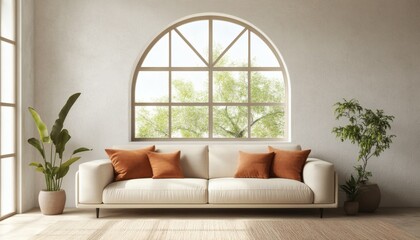 A cream-colored sofa with burnt orange throw pillows sits in front of a large arched window, flanked by potted plants, in a bright room with white walls and light wood floors.