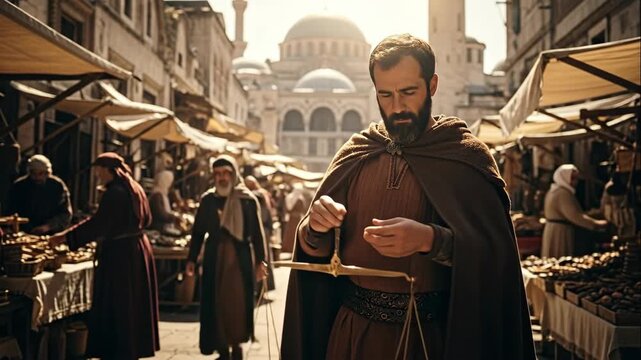 Man in historical attire using a balance scale at an outdoor market with a mosque in the background, footage