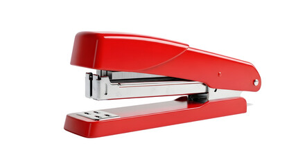 Red stapler isolated on transparent background is a mechanical device that joins pages of paper or similar material by driving a thin metal staple