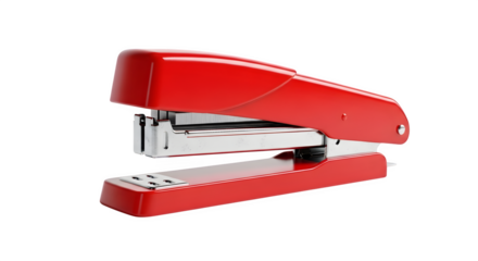 Red stapler isolated on transparent background is a mechanical device that joins pages of paper or similar material by driving a thin metal staple