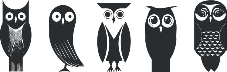 Obraz premium A collection of stylized owl illustrations in black and white showcasing various designs and expressions..
