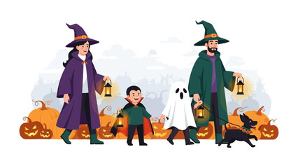 Halloween Family Outing: A cheerful family, dressed in vibrant Halloween costumes, embarks on a delightful trick-or-treating adventure. Each member carries a lantern.