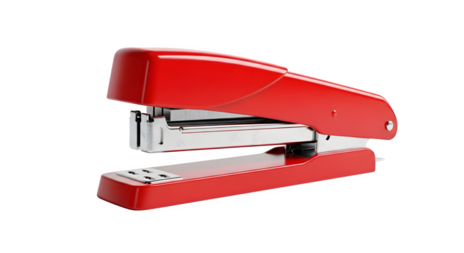 Red stapler isolated on transparent background is a mechanical device that joins pages of paper or similar material by driving a thin metal staple