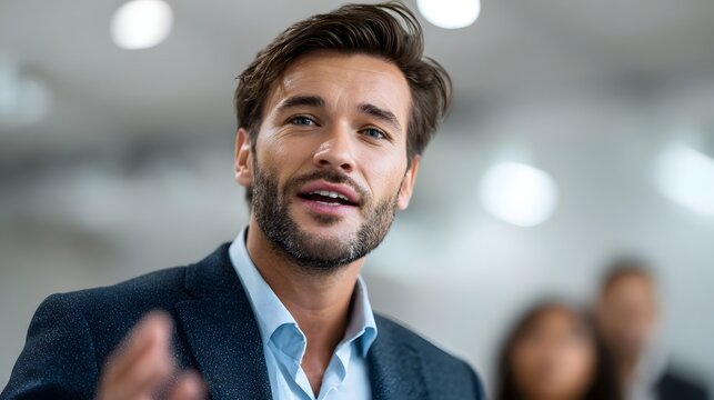 A confident professional businessman in a suit speaks during a modern corporate meeting engaging with an audience in the background - Powered by Adobe