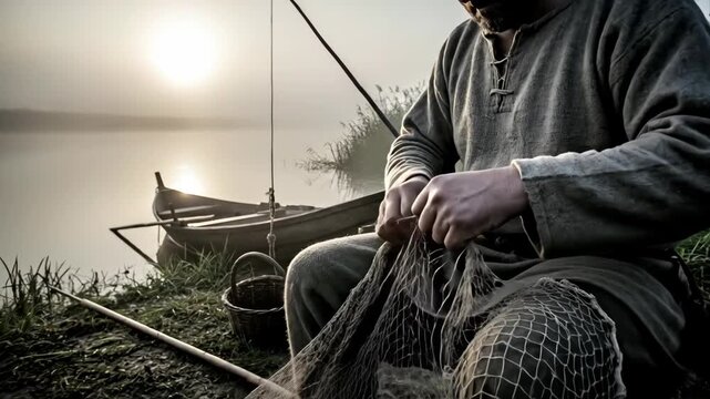 Man fisherman mending net by river with boat on misty morning reenactment for historical documentary footage.