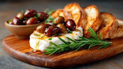This appetizing photo features a block of cheese served with olives on a rustic wooden board, perfectly showcasing gourmet ingredients ideal for a sophisticated platter or appetizing spread.