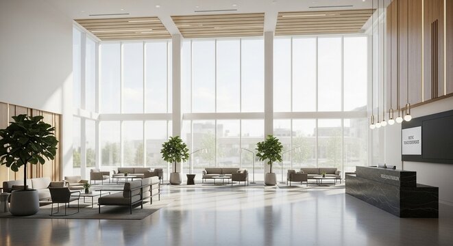 Modern Minimalist Lobby Interior with High Ceiling and Natural Lighting