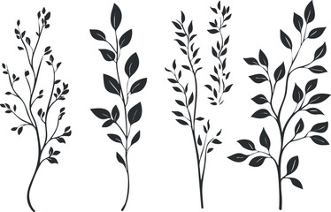 Naklejka premium A collection of elegant silhouette branches with leaves, perfect for botanical and floral designs..
