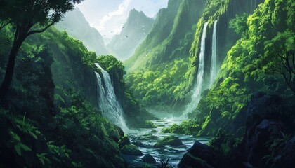 A digital painting depicts a vibrant valley landscape featuring two waterfalls flowing into a river, surrounded by abundant green vegetation and majestic mountains.