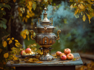Antique samovar steaming on a wooden table with apples and autumn leaves. Nostalgic seasonal still life.