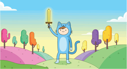 Cartoon Character in Cat Costume Holding Glowing Sword in Fantasy Landscape  © WackyVerse