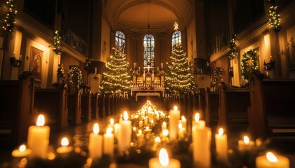 Fototapeta premium The photograph shows the inside of a church decorated for Christmas, including two decorated Christmas trees and numerous lit candles lining the aisle.