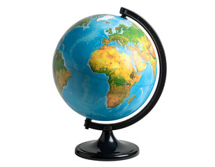 A terrestrial globe with continents and oceans, black stand, isolated on black