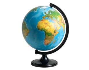 A terrestrial globe with continents and oceans, black stand, isolated on black