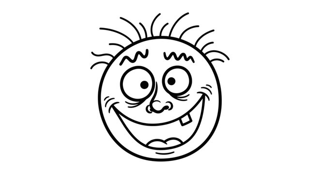 Cartoon drawing of a happy face with messy hair, big eyes, and a wide grin showing a missing tooth.