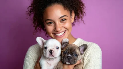 Fotobehang Dierenarts A joyful young woman holds two adorable French bulldogs, showcasing her love for pets in an uplifting moment, spreading happiness against a soft purple backdrop.  ©  Shomixer
