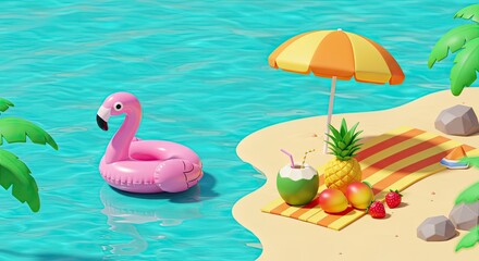 A playful 3D beach day illustration with a flamingo float, beach umbrella, coconut drink, and tropical fruits, glowing with bright, cheerful colors 