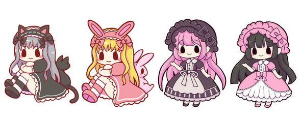 Chibi Lolita Girls Set - Gothic Cat Ears, Pink Sweet Bunny Ears & Classical Bonnet