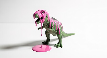 Green Tyrannosaurus Rex Toy Drenched in Dripping Pink Paint on W