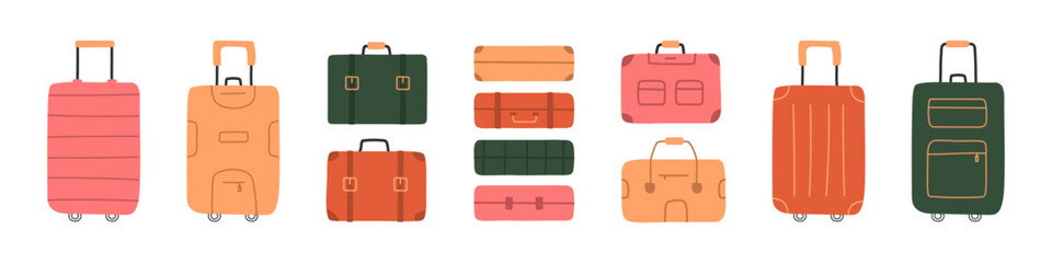 Baggage case set. Travel bag vector set. Luggage icon set. Cartoon baggage sign. Hand-drawn luggage bag.