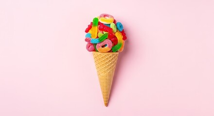 Gummy Candy Overflowing from a Waffle Cone on a Light Pink Backg