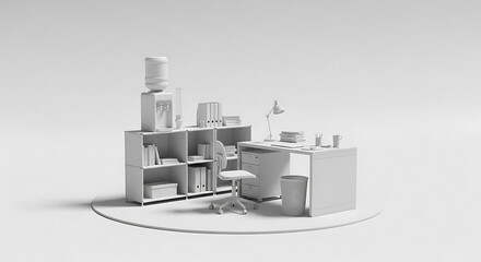 Minimalist 3d rendering of a compact kitchenette or workshop area with shelving and utensils displayed on light background