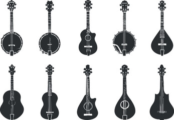 Fototapeta premium Collection of various string instruments including banjos guitars and mandolins in black silhouette style..