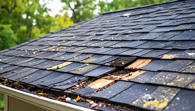 Damaged Shingle Roof Closeup view showing a homes roofing problems with needs repair.