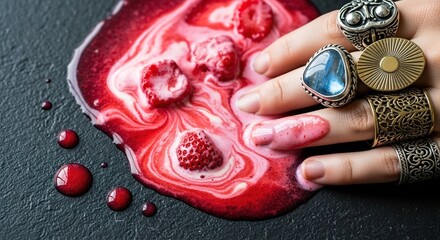 Hand adorned with rings touching swirling red and white liquid w