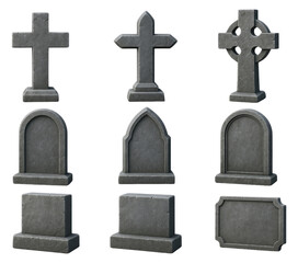 Nine different styles of gray stone grave markers and crosses on a black background tombstone headstone isolated on a transparent background