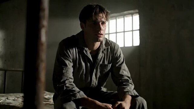 Intense video clip shows despondent man in jail cell struggling with his fate, a story of sorrow, hopelessness, and the consequences of crime